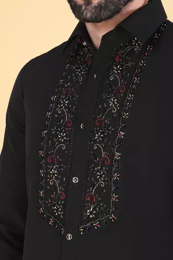 Black hand embroidered Long sleeve shirt for men