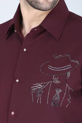 Wine red hand embroidered Long sleeve shirt for men 4