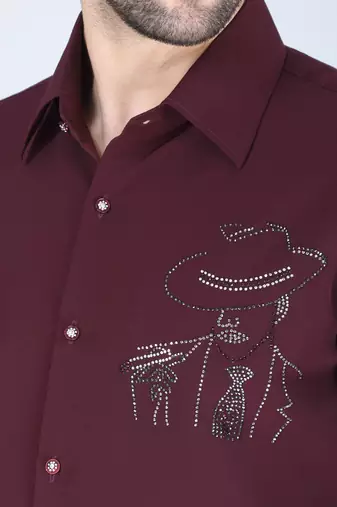Wine red hand embroidered Long sleeve shirt for men