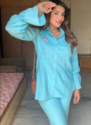 Blue self design pure cotton hamsa blue co-ord set 2