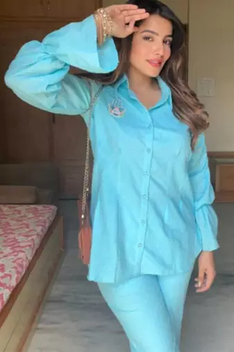 Blue self design pure cotton hamsa blue co-ord set