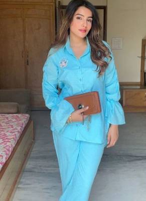 Blue self design pure cotton hamsa blue co-ord set 3