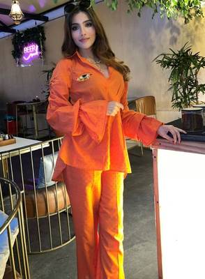 Orange self design pure cotton bricky orange co-ord set 2