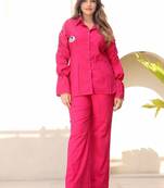 Pink self design pure cotton hot pink co-ord set