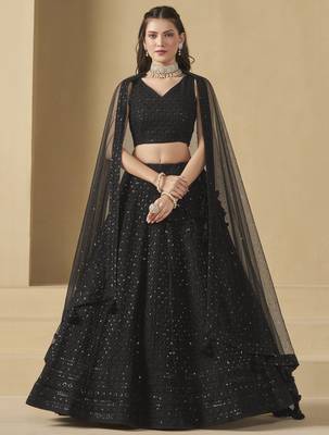 Fabulous Black sequins and thread embroidered georgette reception wear indian wedding designer lehenga dress 1