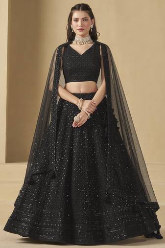 Fabulous Black sequins and thread embroidered georgette reception wear indian wedding designer lehenga dress