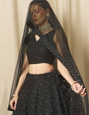 Fabulous Black sequins and thread embroidered georgette reception wear indian wedding designer lehenga dress 2