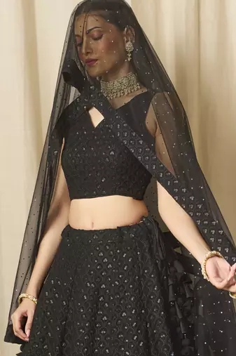 Fabulous Black sequins and thread embroidered georgette reception wear indian wedding designer lehenga dress