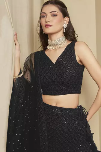 Fabulous Black sequins and thread embroidered georgette reception wear indian wedding designer lehenga dress