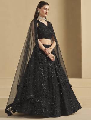 Fabulous Black sequins and thread embroidered georgette reception wear indian wedding designer lehenga dress 4