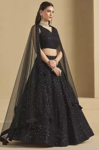 Fabulous Black sequins and thread embroidered georgette reception wear indian wedding designer lehenga dress
