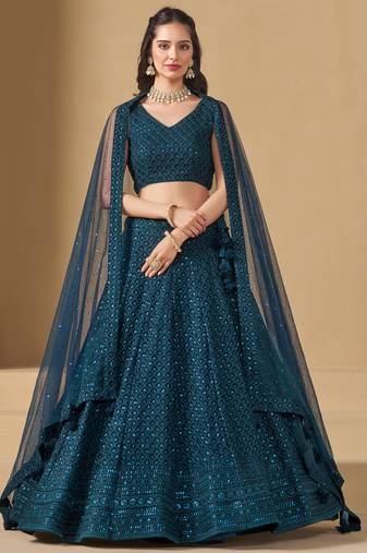 Teal Blue colored sequins and thread embroidered georgette designer indian dress wedding lehenga choli