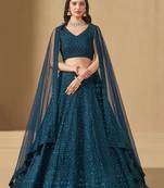 Teal Blue colored sequins and thread embroidered georgette designer indian dress wedding lehenga choli