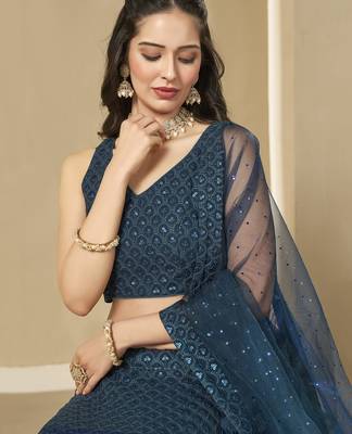 Teal Blue colored sequins and thread embroidered georgette designer indian dress wedding lehenga choli 2