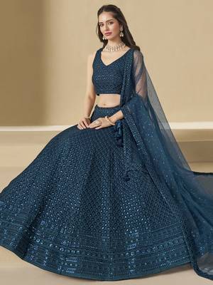 Teal Blue colored sequins and thread embroidered georgette designer indian dress wedding lehenga choli 3