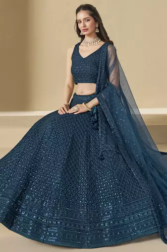 Teal Blue colored sequins and thread embroidered georgette designer indian dress wedding lehenga choli