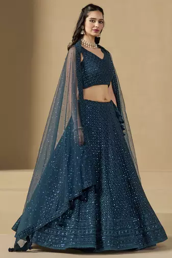 Teal Blue colored sequins and thread embroidered georgette designer indian dress wedding lehenga choli