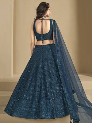Teal Blue colored sequins and thread embroidered georgette designer indian dress wedding lehenga choli 5