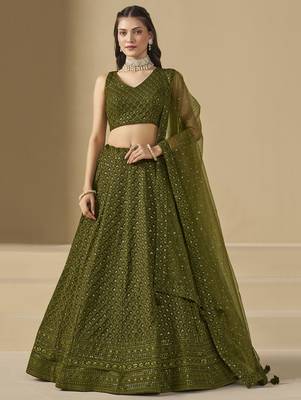 Fabulous Mehndi Green sequins and thread embroidered georgette reception wear indian wedding bridal lehenga choli dress 1