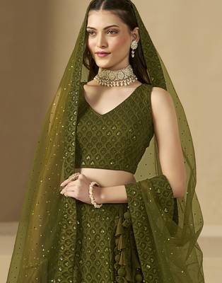 Fabulous Mehndi Green sequins and thread embroidered georgette reception wear indian wedding bridal lehenga choli dress 2