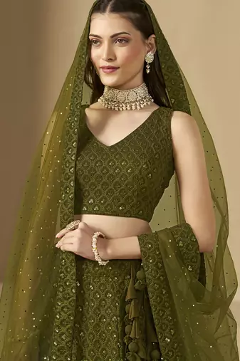 Fabulous Mehndi Green sequins and thread embroidered georgette reception wear indian wedding bridal lehenga choli dress
