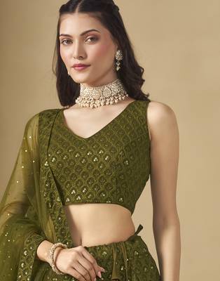 Fabulous Mehndi Green sequins and thread embroidered georgette reception wear indian wedding bridal lehenga choli dress 3