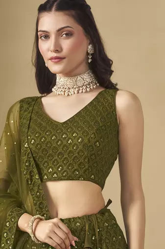 Fabulous Mehndi Green sequins and thread embroidered georgette reception wear indian wedding bridal lehenga choli dress