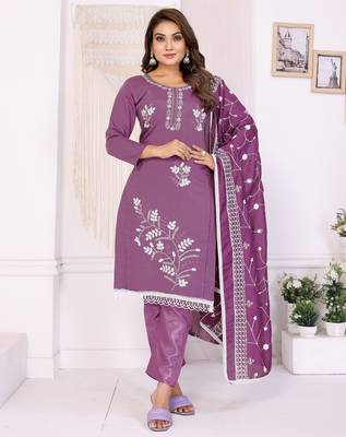 Original hand work chanderi cotton unstitched salwar kameez set (yamuna-purple) 1
