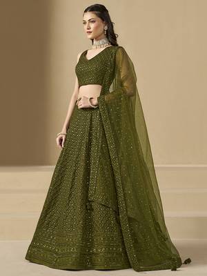 Fabulous Mehndi Green sequins and thread embroidered georgette reception wear indian wedding bridal lehenga choli dress 5