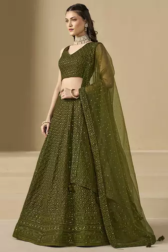 Fabulous Mehndi Green sequins and thread embroidered georgette reception wear indian wedding bridal lehenga choli dress