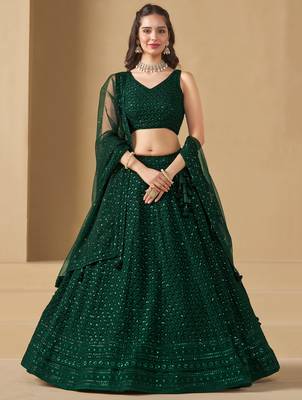 Green sequins & thread embroidered georgette engagement wear bridesmaid indian wedding lehenga dress 1