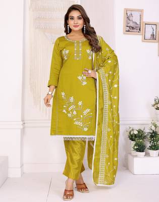 Mustard hand work chanderi cotton unstitched salwar kameez set 1