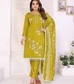 Mustard hand work chanderi cotton unstitched salwar kameez set