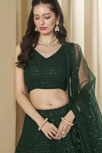 Green sequins & thread embroidered georgette engagement wear bridesmaid indian wedding lehenga dress