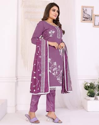 Original hand work chanderi cotton unstitched salwar kameez set (yamuna-purple) 3