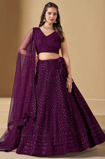 Wine colored sequins & thread embroidered georgette designer indian wedding bridal party wear lehenga dress