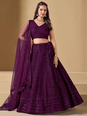 Wine colored sequins & thread embroidered georgette designer indian wedding bridal party wear lehenga dress 1