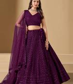 Wine colored sequins & thread embroidered georgette designer indian wedding bridal party wear lehenga dress