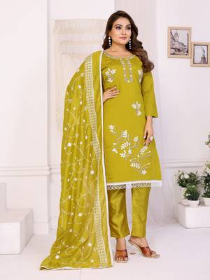 Mustard hand work chanderi cotton unstitched salwar kameez set 2