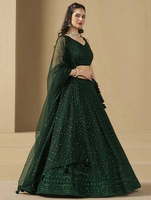Green sequins & thread embroidered georgette engagement wear bridesmaid indian wedding lehenga dress 3