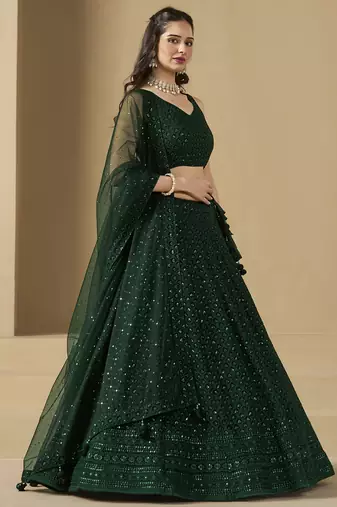 Green sequins & thread embroidered georgette engagement wear bridesmaid indian wedding lehenga dress
