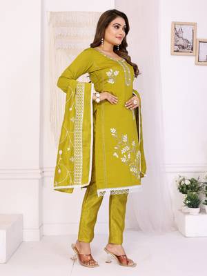 Mustard hand work chanderi cotton unstitched salwar kameez set 3