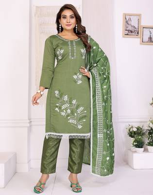 green hand work chanderi cotton unstitched salwar kameez set 1
