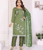 green hand work chanderi cotton unstitched salwar kameez set