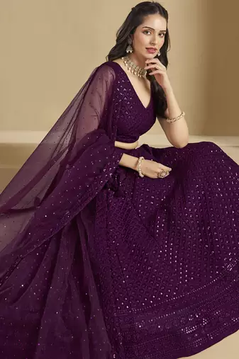 Wine colored sequins & thread embroidered georgette designer indian wedding bridal party wear lehenga dress