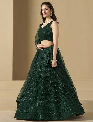 Green sequins & thread embroidered georgette engagement wear bridesmaid indian wedding lehenga dress 4