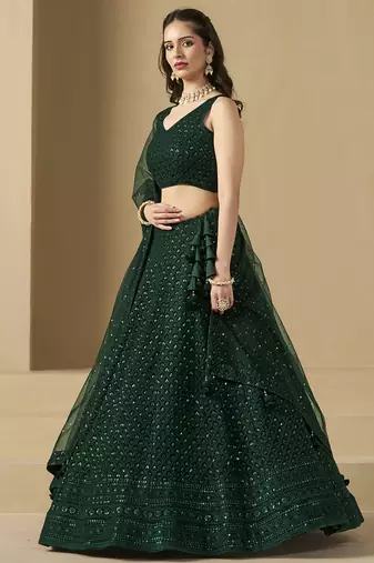 Green sequins & thread embroidered georgette engagement wear bridesmaid indian wedding lehenga dress