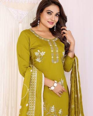 Mustard hand work chanderi cotton unstitched salwar kameez set 4