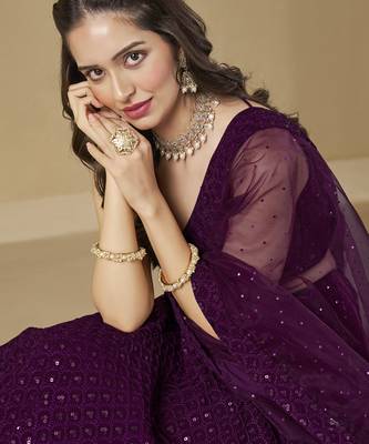 Wine colored sequins & thread embroidered georgette designer indian wedding bridal party wear lehenga dress 3