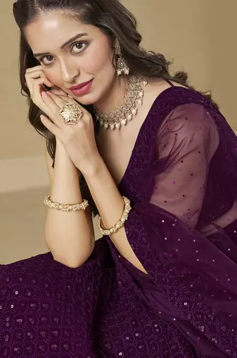 Wine colored sequins & thread embroidered georgette designer indian wedding bridal party wear lehenga dress
